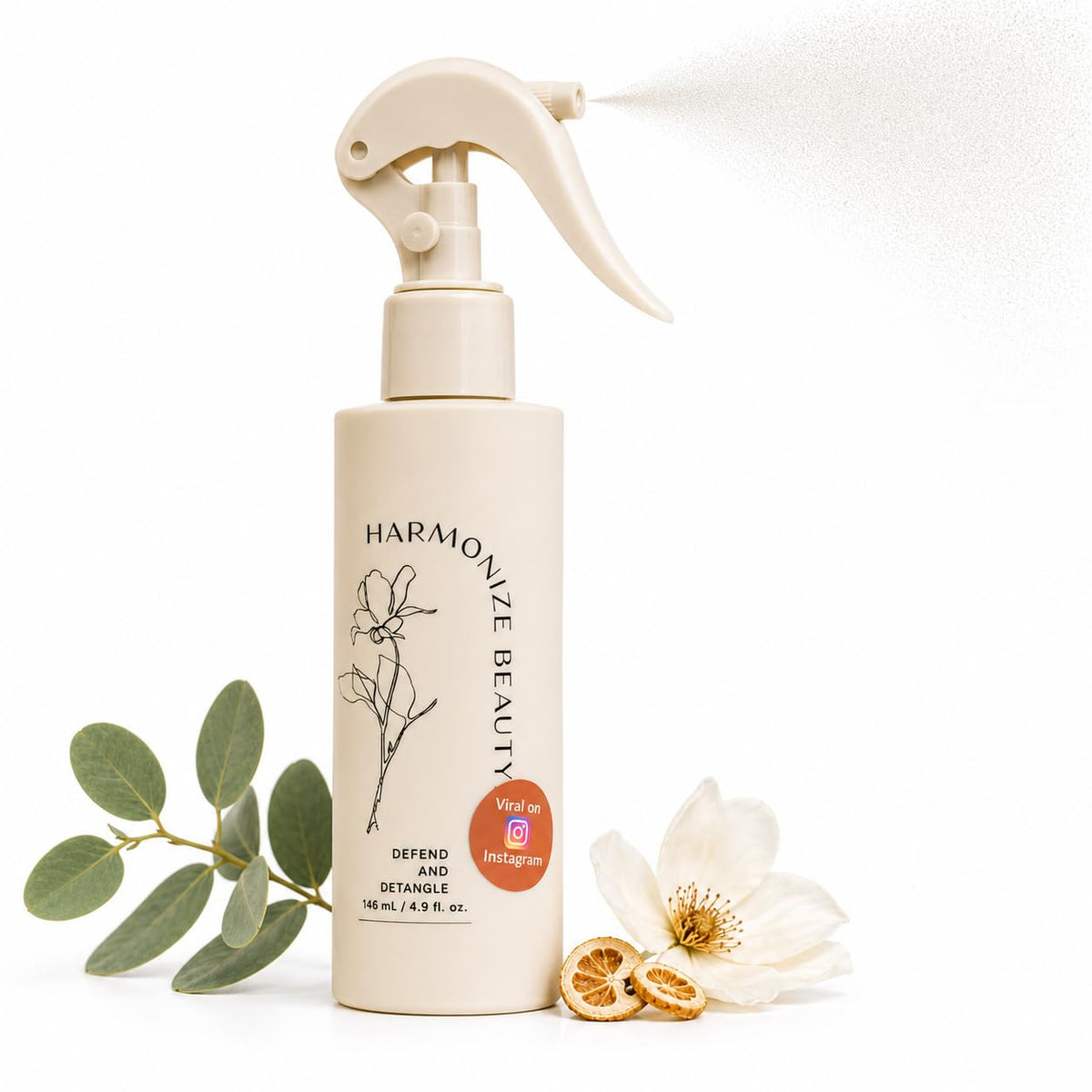 Harmonize Beauty spray bottle front view showing sleek packaging and benefits