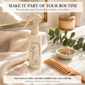 Harmonize Beauty on a bathroom shelf styled with towels for everyday routine appeal