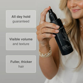 Harmonize Beauty mist texture midair demonstrating lightweight flexible hold