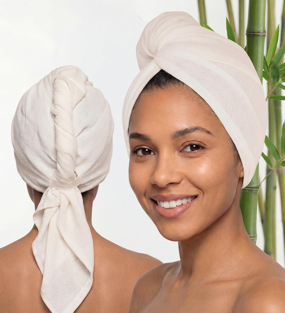 Harmony Weave front view of ivory towel wrap showing compact turban and brand label, fast drying benefit