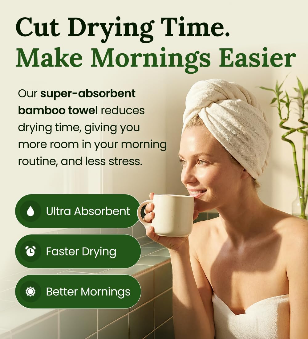 Woman using Harmony Weave towel wrap in bathroom, demonstrating easy wrap-and-go and secure fit