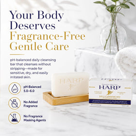 HARP product label close-up listing pH balanced and soap-free benefits