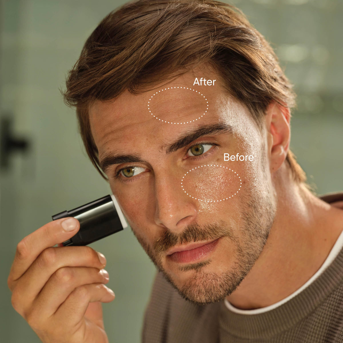Harry's anti-shine stick applied to forehead demonstrating reduced shine and smoother look