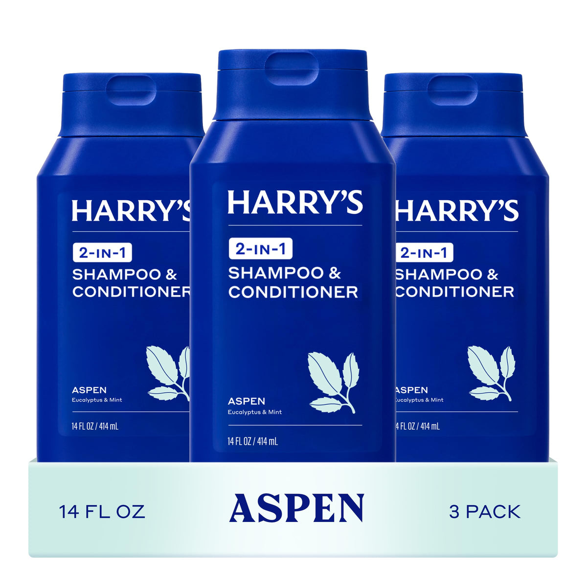 Harry's front packaging view showing clean bottle and Aspen scent benefits