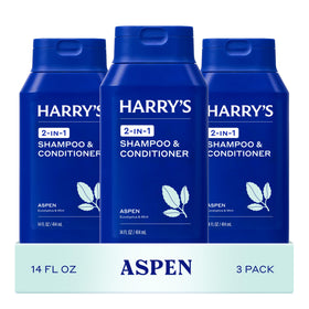 Harry's front packaging view showing clean bottle and Aspen scent benefits