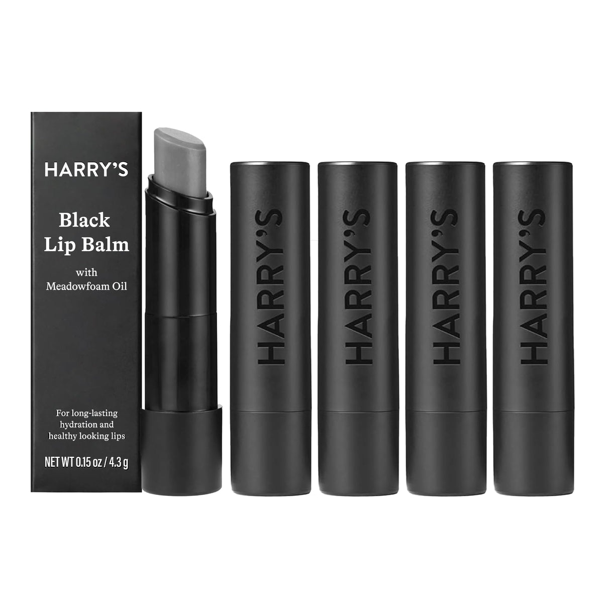 Harry's front packaging showing five black lip balms and neat presentation benefit: easy gifting