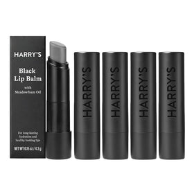 Harry's front packaging showing five black lip balms and neat presentation benefit: easy gifting