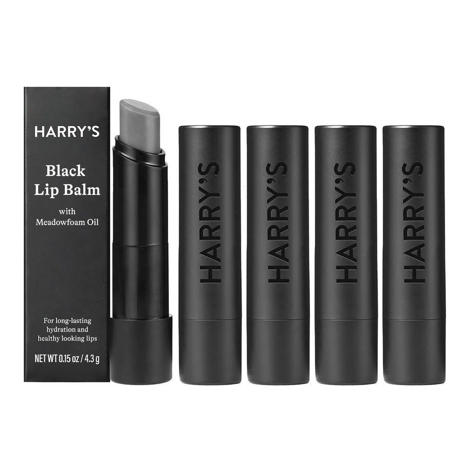 Harry's front packaging showing five black lip balms and neat presentation benefit: easy gifting