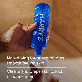 Harry's bottle label details highlighting ingredients and routine benefit