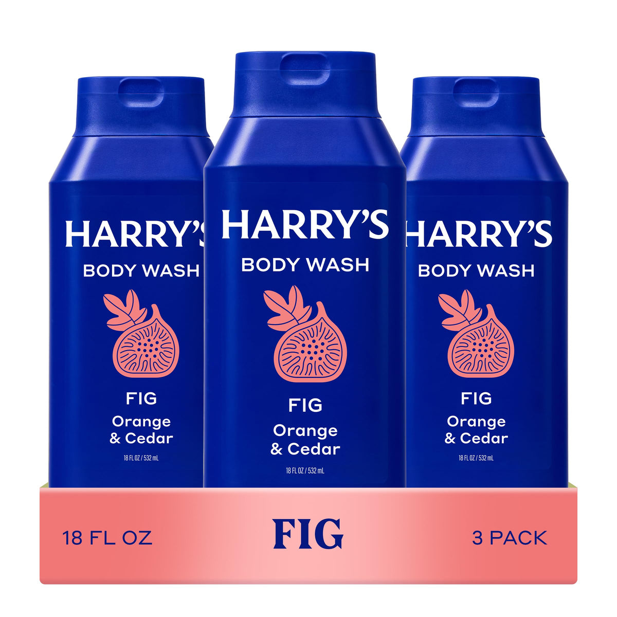 Harry's front packaging showing three Fig body wash bottles and clarity of labels