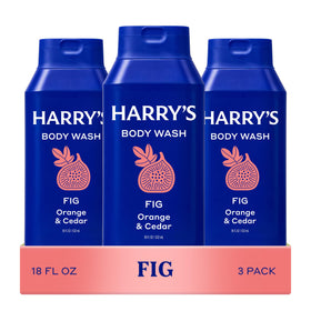 Harry's front packaging showing three Fig body wash bottles and clarity of labels