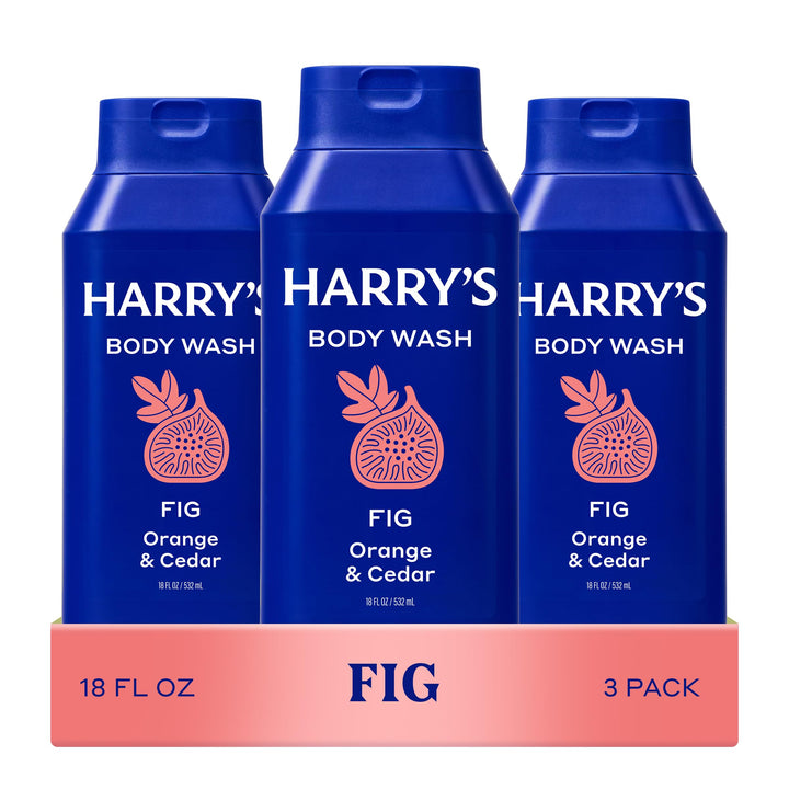 Harry's front packaging showing three Fig body wash bottles and clarity of labels