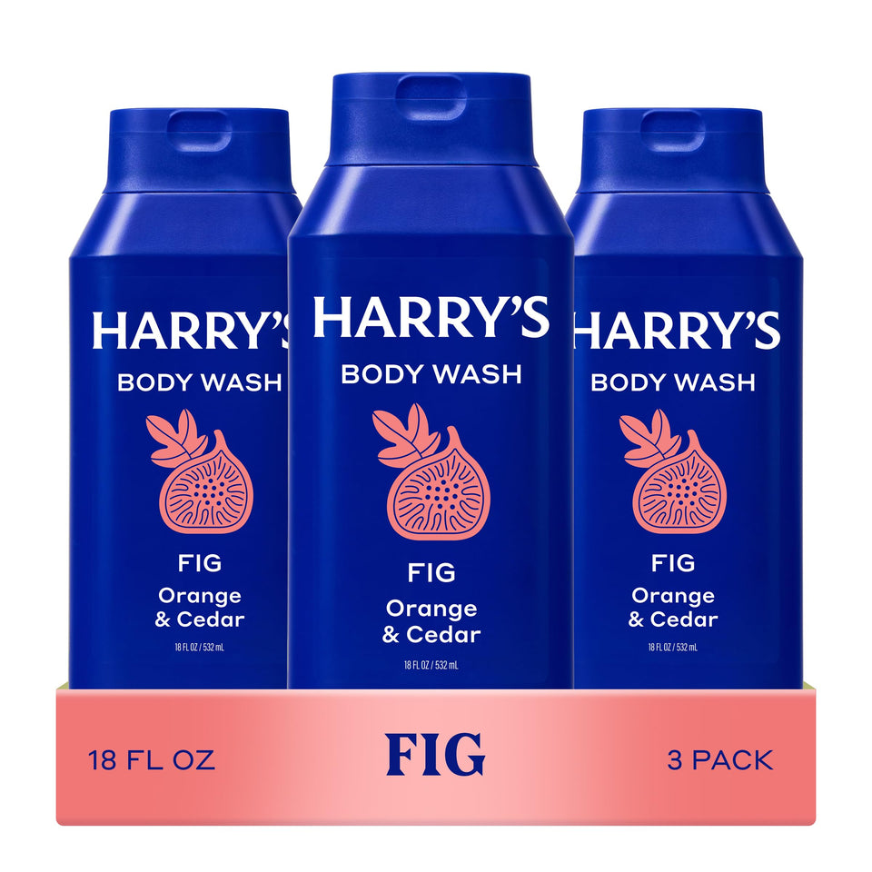 Harry's front packaging showing three Fig body wash bottles and clarity of labels