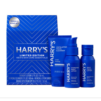 Harry's front packaging gift set showing trio and seasonal box, clear presentation benefit