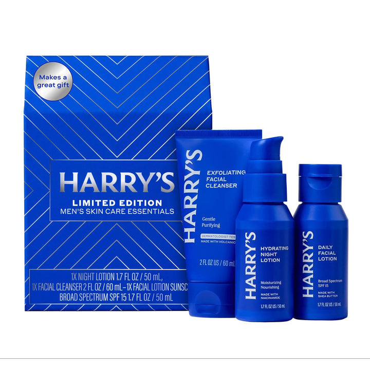 Harry's front packaging gift set showing trio and seasonal box, clear presentation benefit