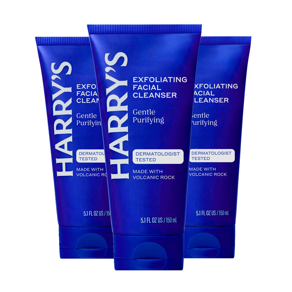 Harry's front packaging showing three tubes and easy-grip cap for convenience