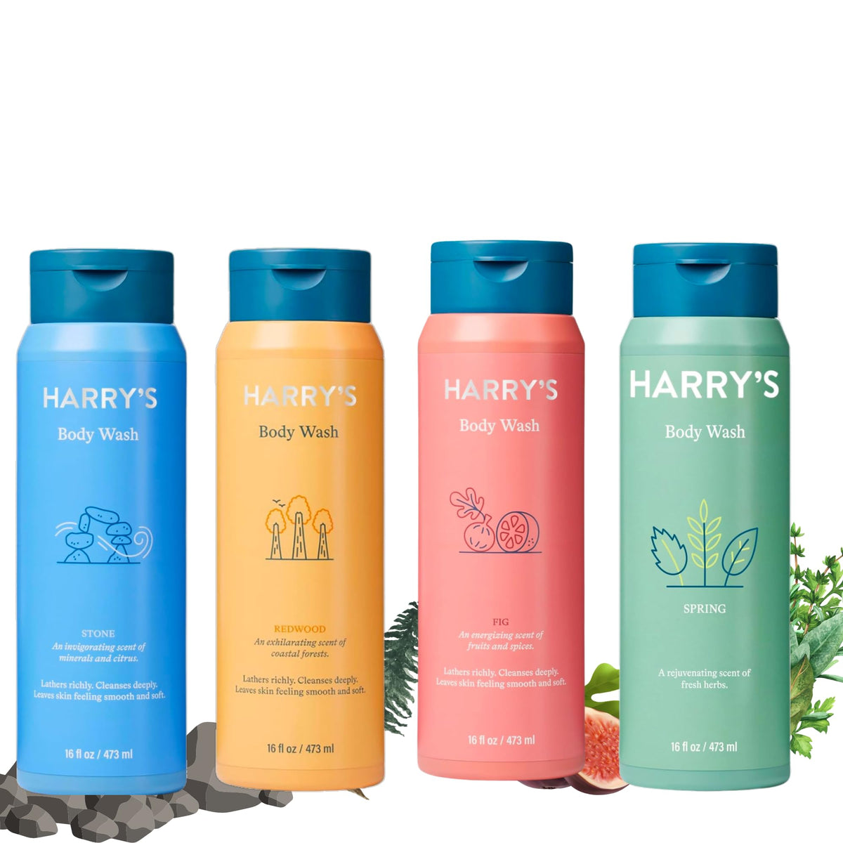 Harry's front packaging showing four bottles and scent variety for convenience
