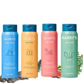 Harry's front packaging showing four bottles and scent variety for convenience