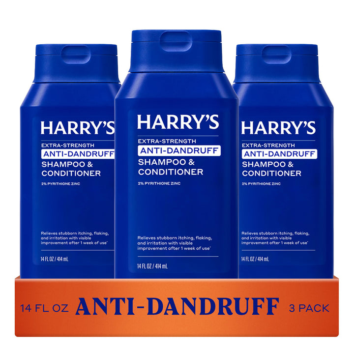Harry's front packaging three-bottle pack showing label and size for convenience