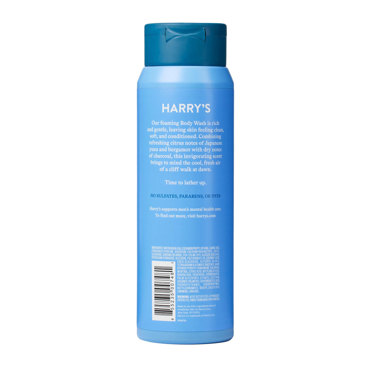 Harry's Redwood bottle close-up highlighting woody scent and rich lather