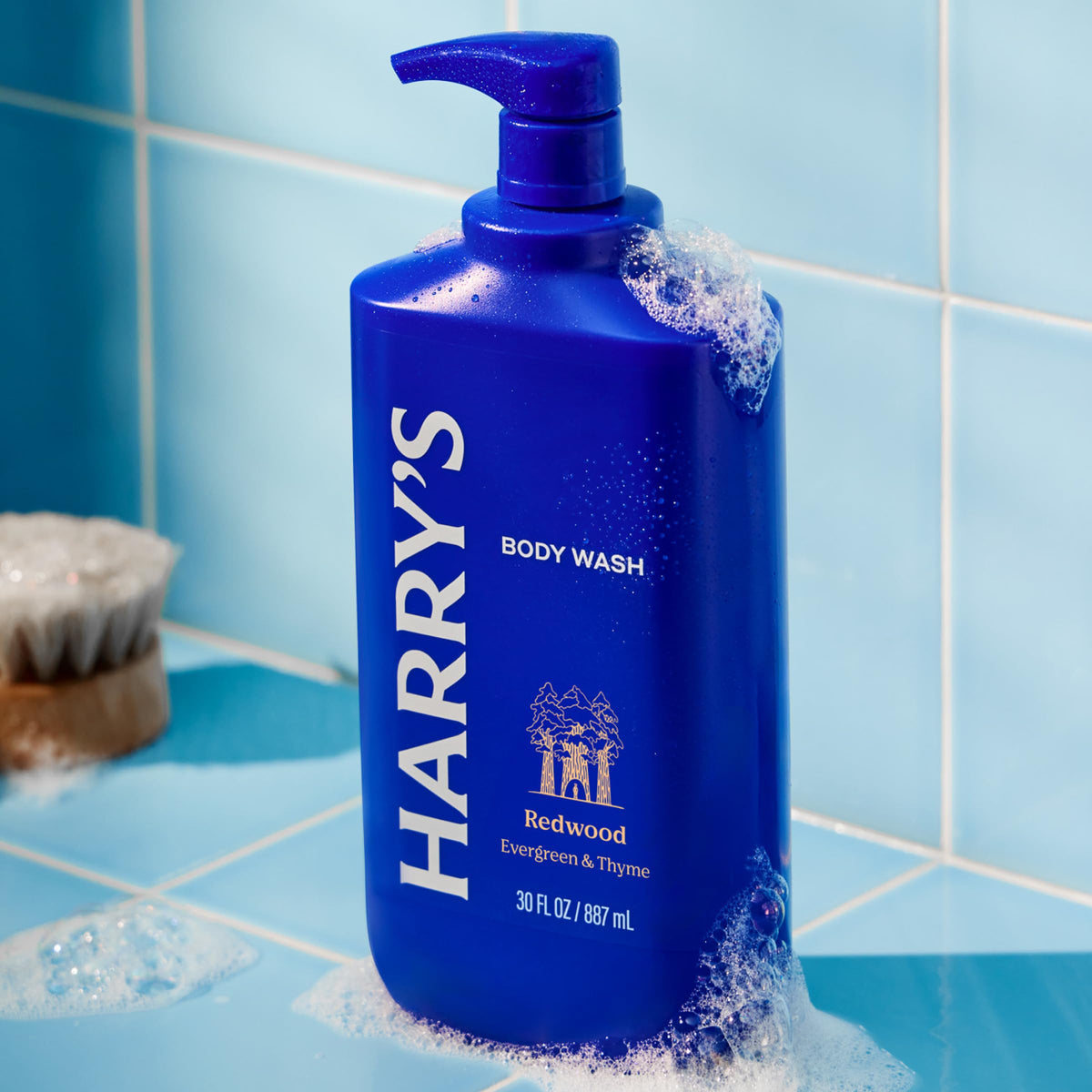 Harry's Redwood rich lather on hand demonstrating gentle, conditioning foam