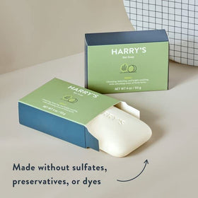Harry's Shiso bar next to common items for scale illustrating compact travel size