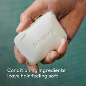 Harry's rich lather on hand demonstrating creamy foam and effective cleansing