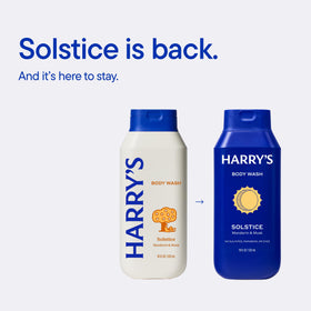 Harry's Solstice bottle next to common items to show the 18 fl oz scale