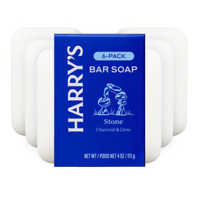 Harry's front packaging showing six Stone-scented bars, clear product presentation and quantity