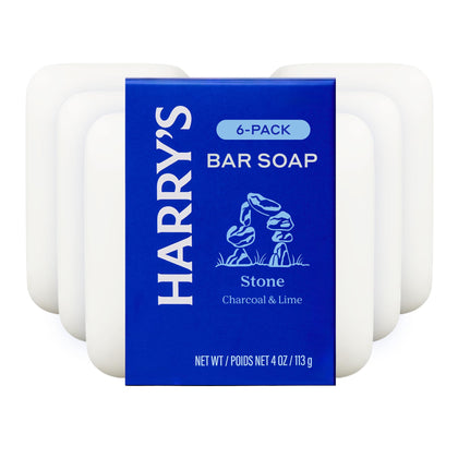 Harry's front packaging showing six Stone-scented bars, clear product presentation and quantity