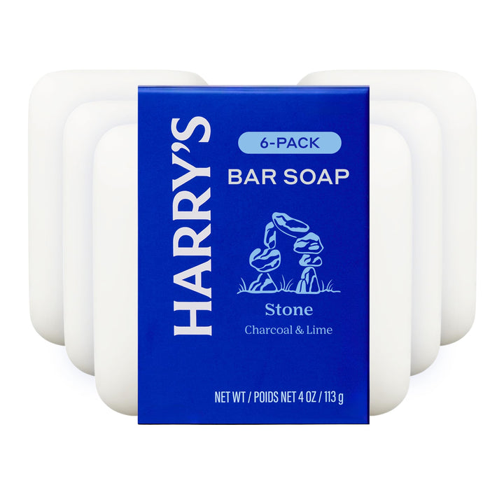 Harry's front packaging showing six Stone-scented bars, clear product presentation and quantity