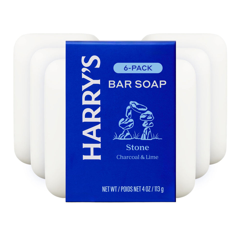 Harry's front packaging showing six Stone-scented bars, clear product presentation and quantity