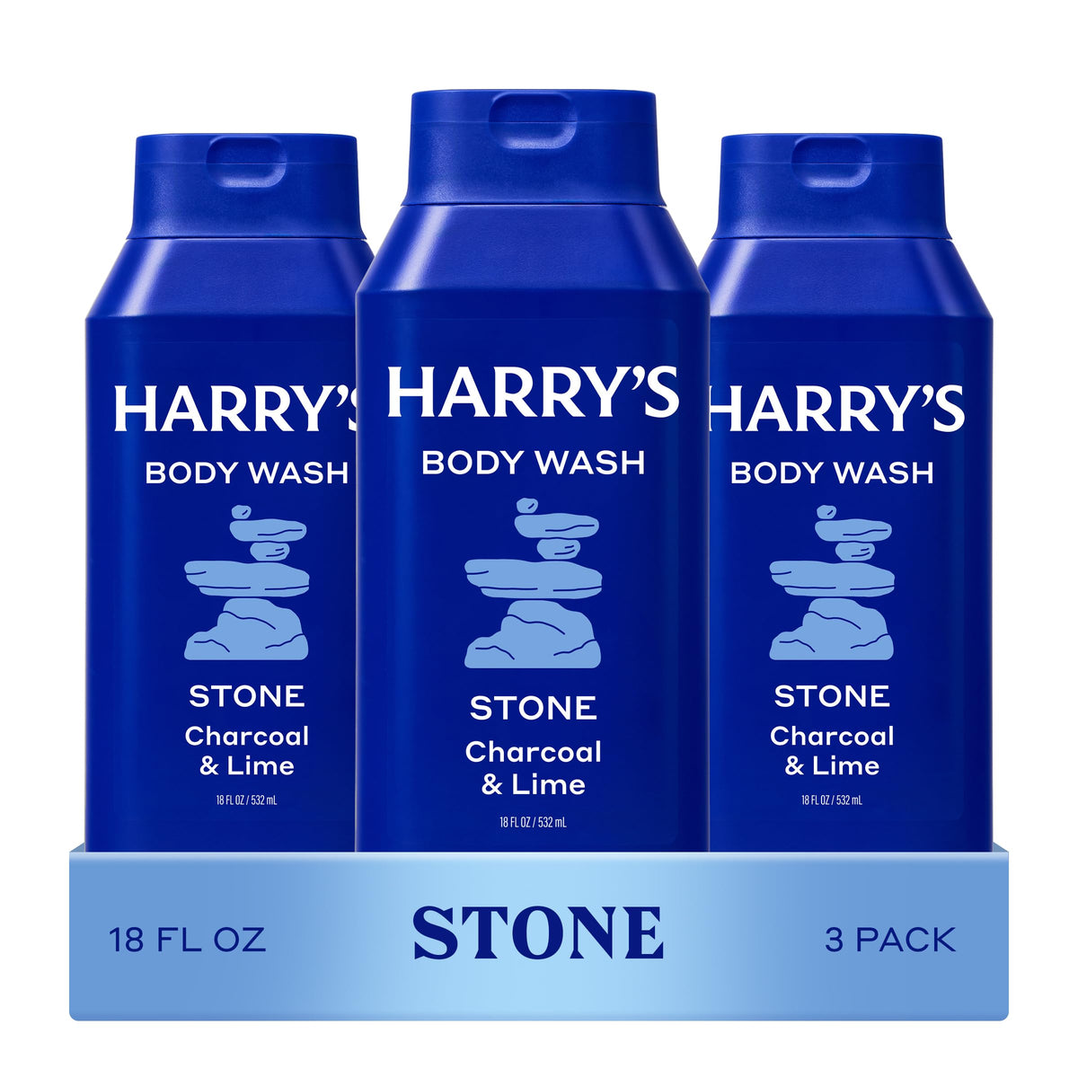 Harry's front packaging showing three Stone bottles and product benefit