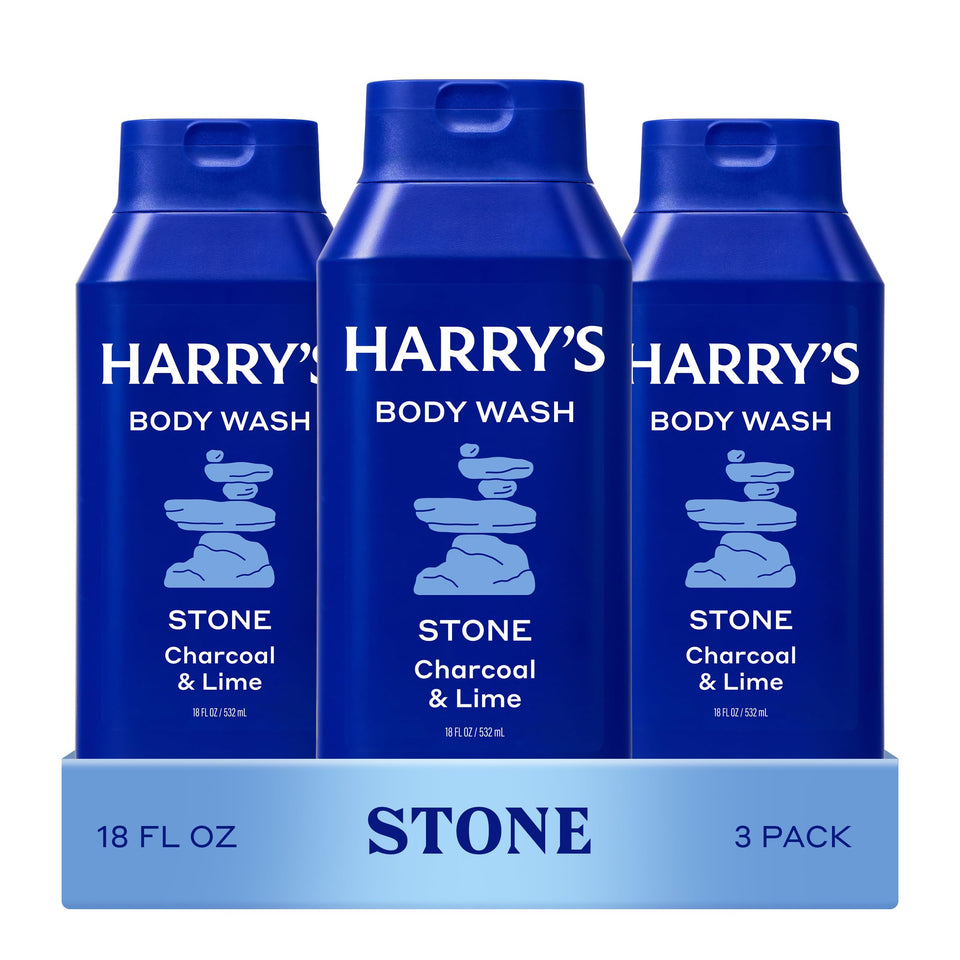 Harry's front packaging showing three Stone bottles and product benefit