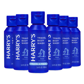 Harry's Stone front packaging showing six travel bottles and clear labeling for easy packing