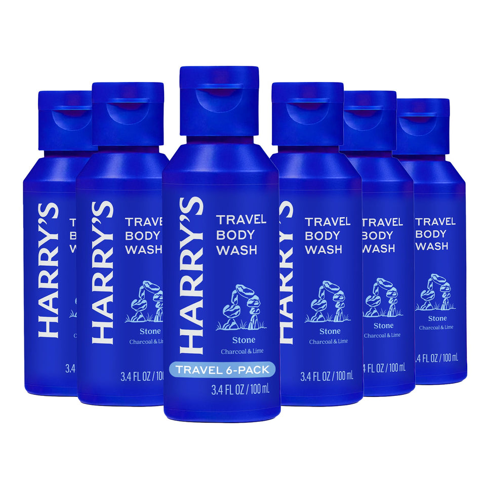 Harry's Stone front packaging showing six travel bottles and clear labeling for easy packing