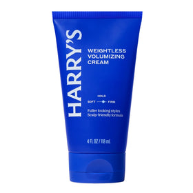 Harry's front packaging showing tube and clear label, highlights lightweight volume benefit