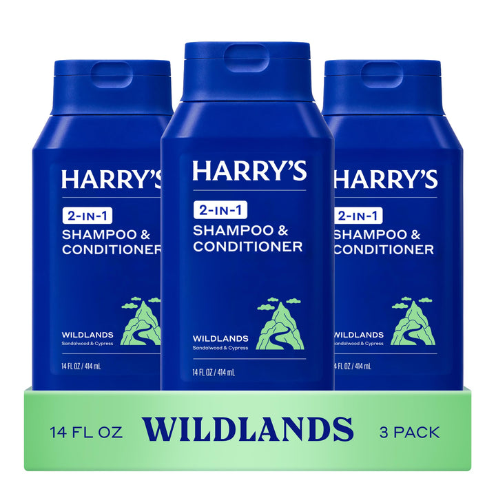 Harry's front packaging showing Wildlands scent and 3-pack convenience