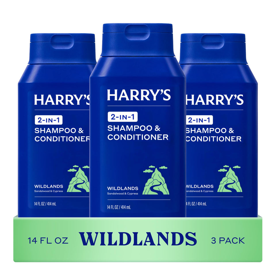 Harry's front packaging showing Wildlands scent and 3-pack convenience