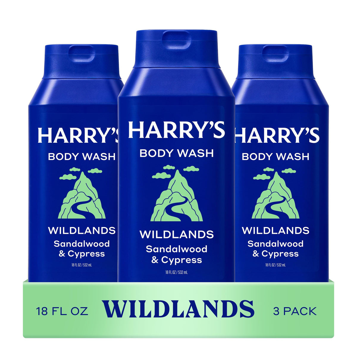 Harry's front packaging showing three Wildlands bottles and clear branding benefit: easy stocking