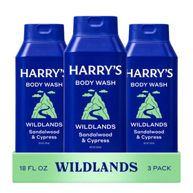 Harry's front packaging showing three Wildlands bottles and clear branding benefit: easy stocking