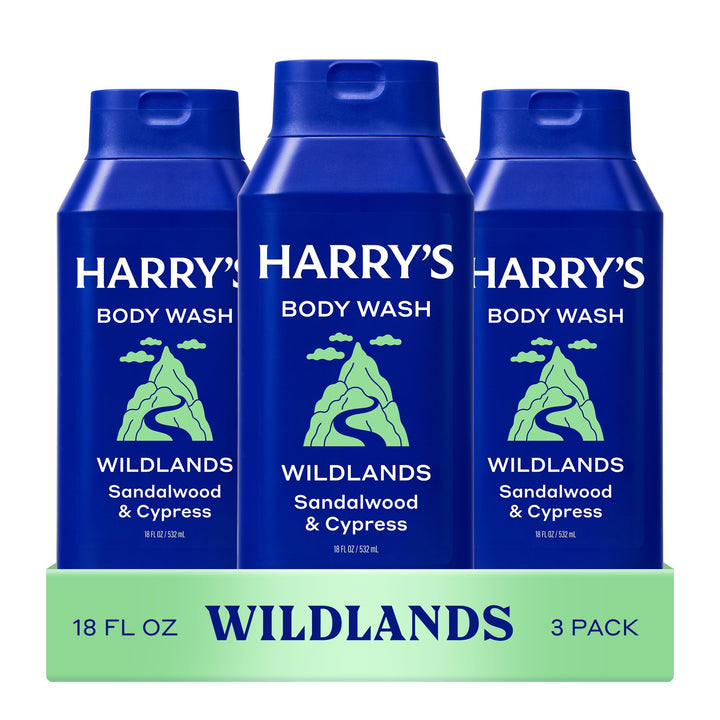 Harry's front packaging showing three Wildlands bottles and clear branding benefit: easy stocking