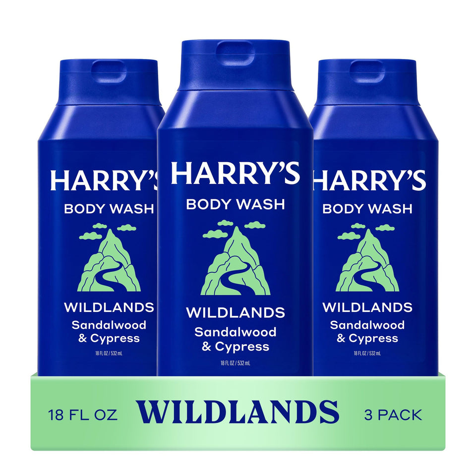 Harry's front packaging showing three Wildlands bottles and clear branding benefit: easy stocking