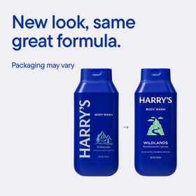 Harry's label close-up and pump detail highlighting ingredient clarity and convenient dispensing