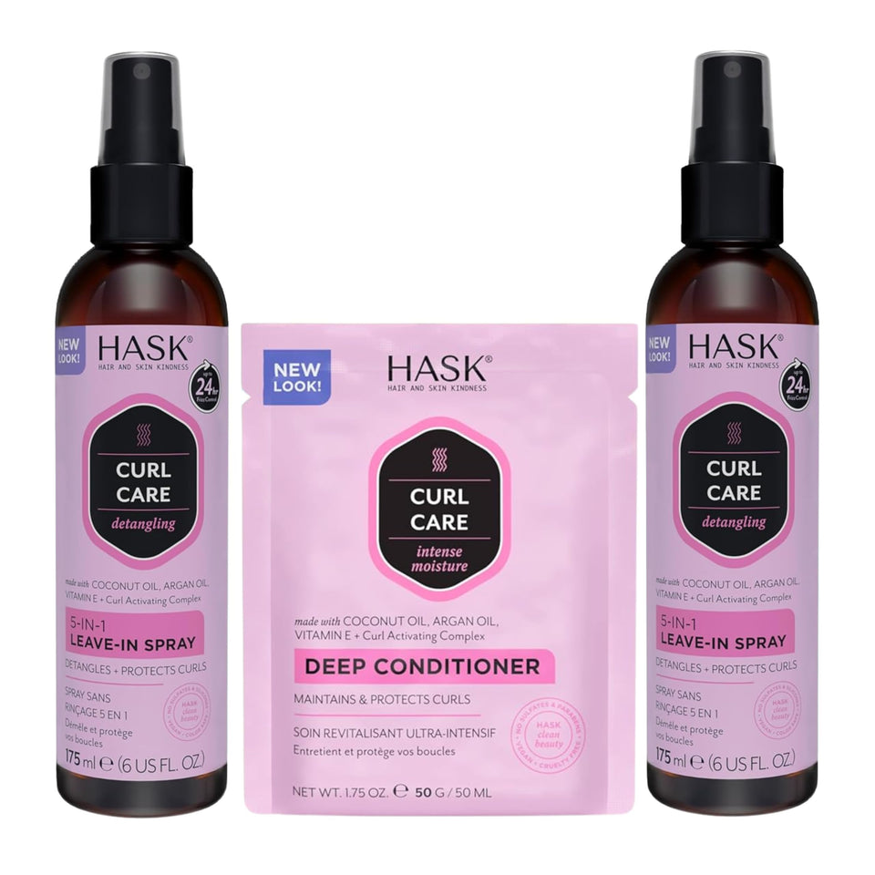 HASK front packaging showing dual 6oz leave‑in bottles and packette for easy routine