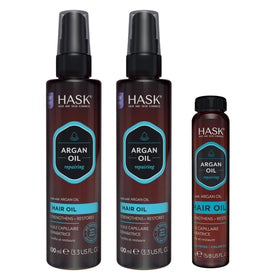 HASK front packaging showing three-piece argan oil kit for shine