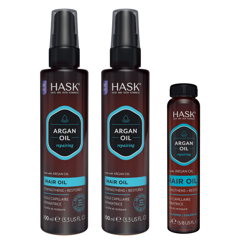 HASK front packaging showing three-piece argan oil kit for shine