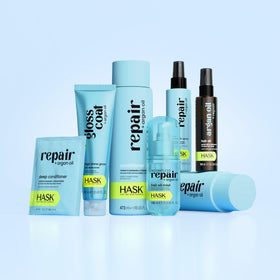 HASK ingredients display with argan nuts and jojoba seeds indicating natural oils