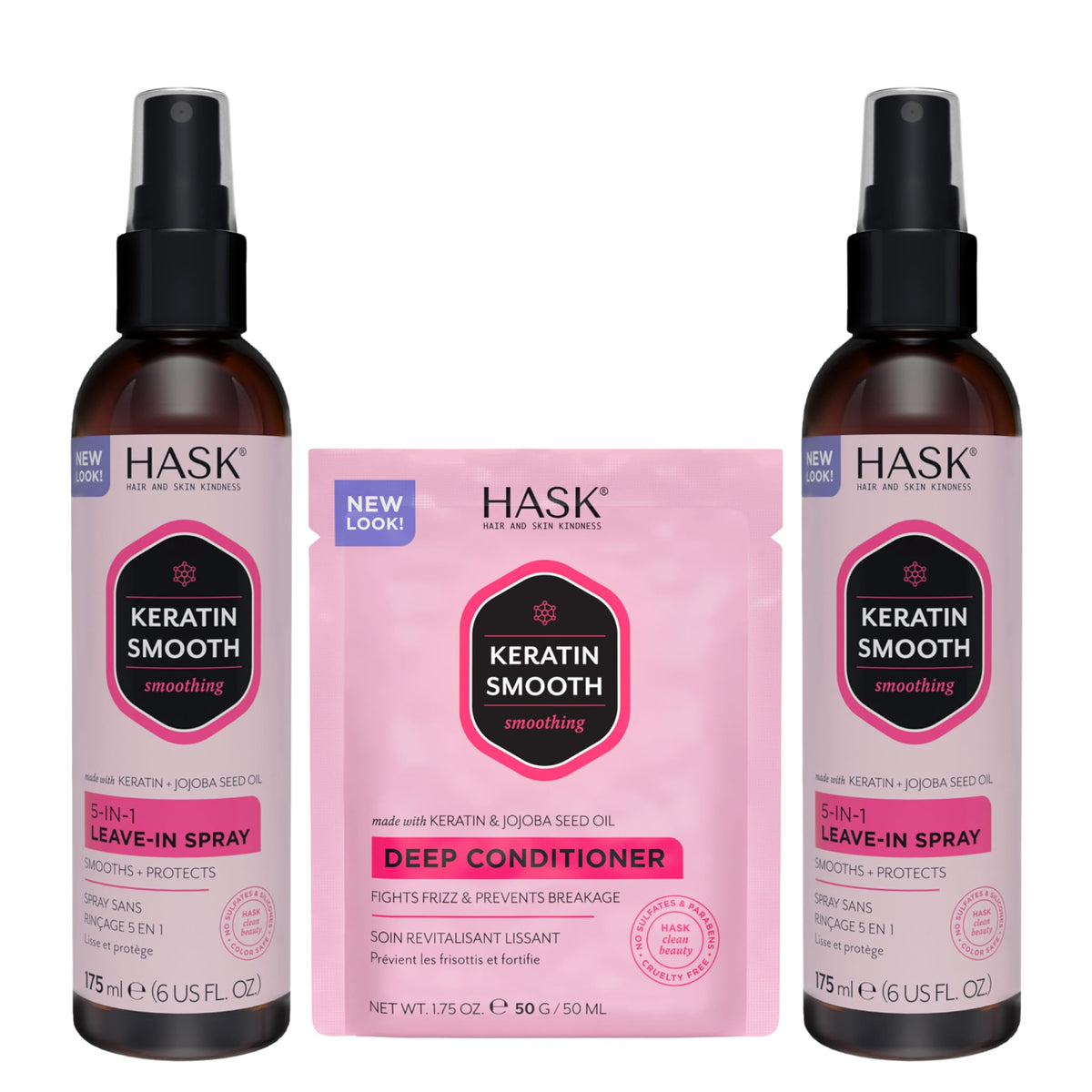 HASK leave-in front packaging showing duo bottles for quick styling