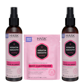 HASK leave-in front packaging showing duo bottles for quick styling